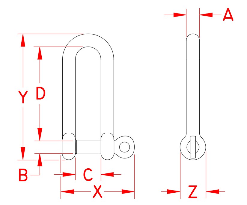 Stainless Steel Long D Shackle with Captive Pin, S0138-CP04, S0138-CP05, S0138-CP06, S0138-CP08, S0138-CP10, S0138-CP12, Line Drawing
